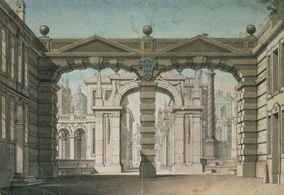 1781年、ミュンヘンのヴォルフガングアマデウスモーツァルトによる「イドメネオ」の世界初演のセットデザイン（ペンアンドウォッシュ） 作： Lorenzo I Quaglio